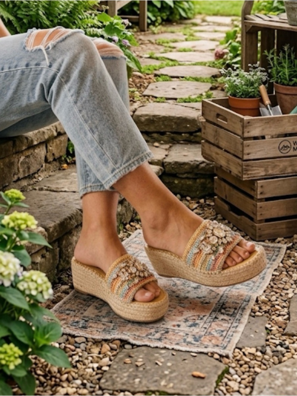 WHITE MOUNTAIN Stitch Espadrille Wedge Sandals Women’s 6.5 Natural/Multi